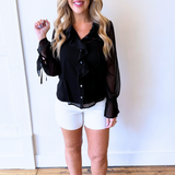 Long Sleeve Ruffle Front Woven Shirt