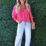 3/4 Sleeve Button Front Woven Top w/ Ruffle Details