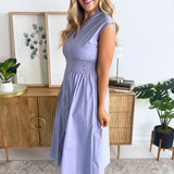Drop Shoulder Smocked Waist Midi Dress w/ Front Zipper and Pockets