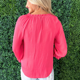 3/4 Sleeve Button Front Woven Top w/ Ruffle Details