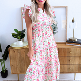 Ruffle Sleeve Floral Woven Print Tiered Dress w/ Pockets