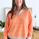 Collared Long Sleeve Cloudy Knit Stripe Top