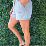 Washed Denim Shorts w/ Elastic Waistband