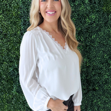 Lace Trim V-Neck Long Sleeve Top