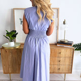 Drop Shoulder Smocked Waist Midi Dress w/ Front Zipper and Pockets