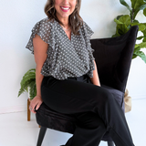 Short Ruffle Sleeve Draped Front Woven Blouse
