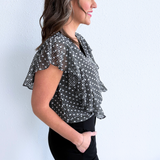 Short Ruffle Sleeve Draped Front Woven Blouse
