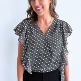 Short Ruffle Sleeve Draped Front Woven Blouse
