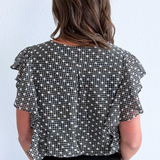 Short Ruffle Sleeve Draped Front Woven Blouse