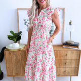 Ruffle Sleeve Floral Woven Print Tiered Dress w/ Pockets