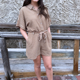 Short Sleeve Button Up Tie Waist Romper