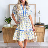 Drop Shoulder Cuff Sleeve Collared Floral Print Woven Mini Dress w/ Elastic Waistband