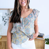 Flutter Sleeve Draped Woven Blouse