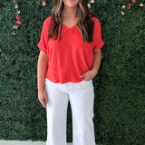 Rolled Short Sleeve V Neck Top