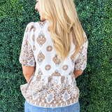 Border Print Puff Sleeve Blouse