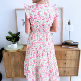 Ruffle Sleeve Floral Woven Print Tiered Dress w/ Pockets