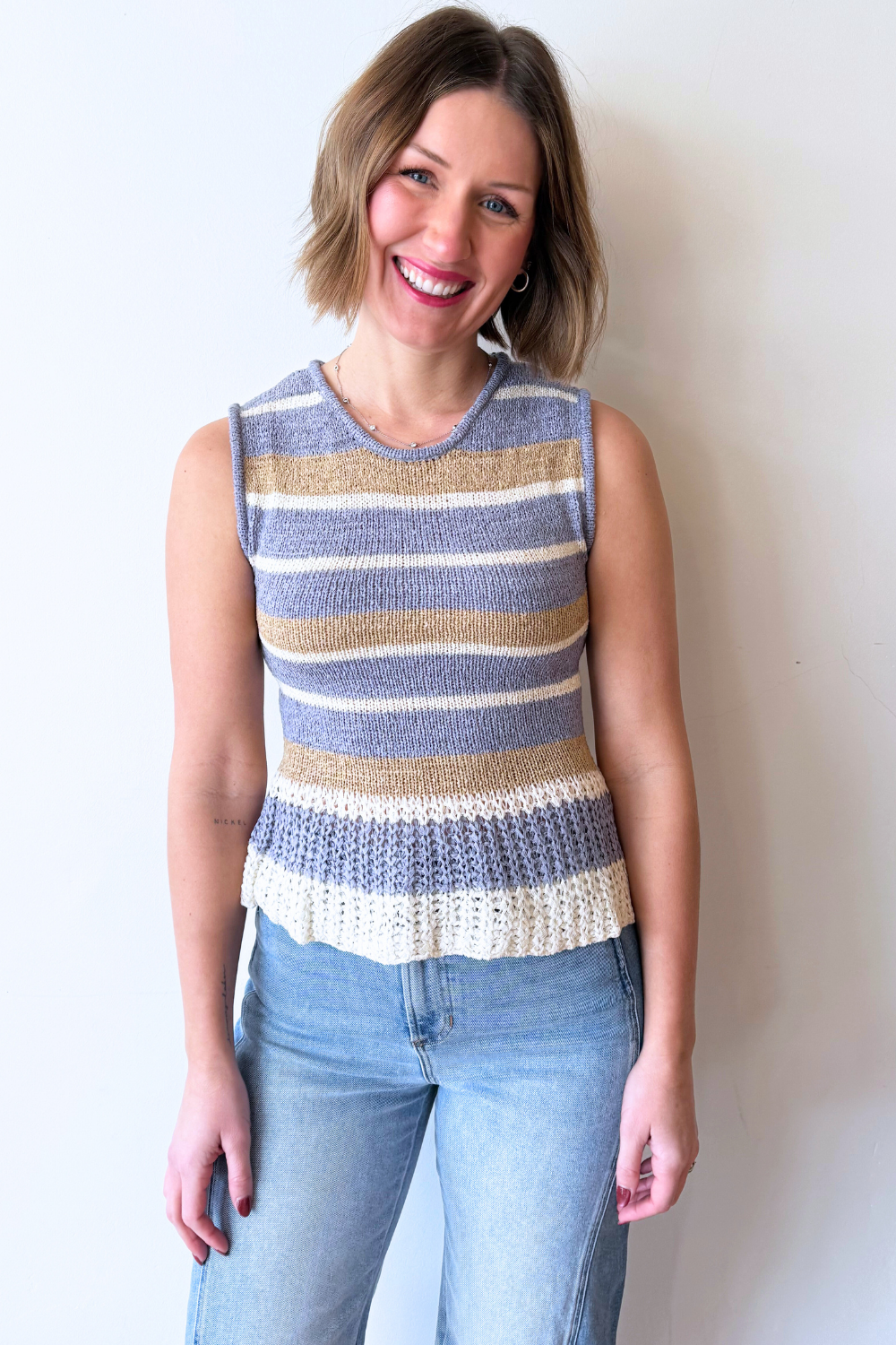 Round Neck Multi Stripe Sleeveless Sweater Top