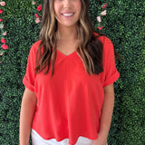Rolled Short Sleeve V Neck Top