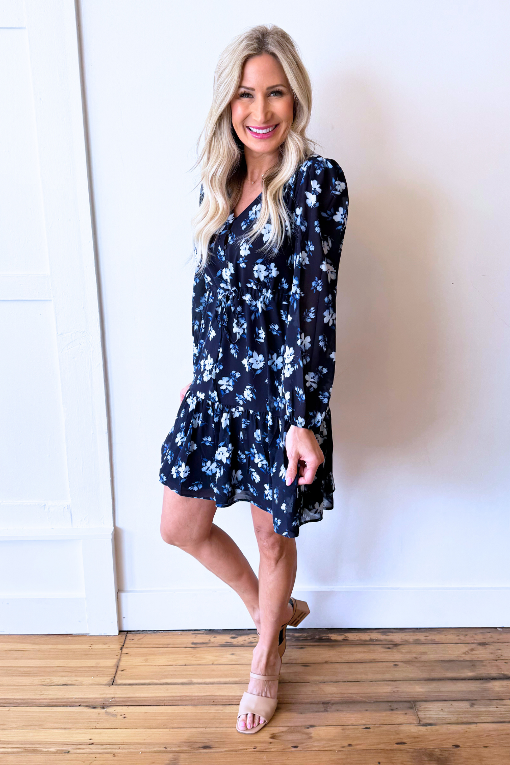Long Sleeve Floral Chiffon Mini Dress Small / Navy Long Sleeve Floral Chiffon Mini Dress Small / Navy