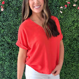 Rolled Short Sleeve V Neck Top