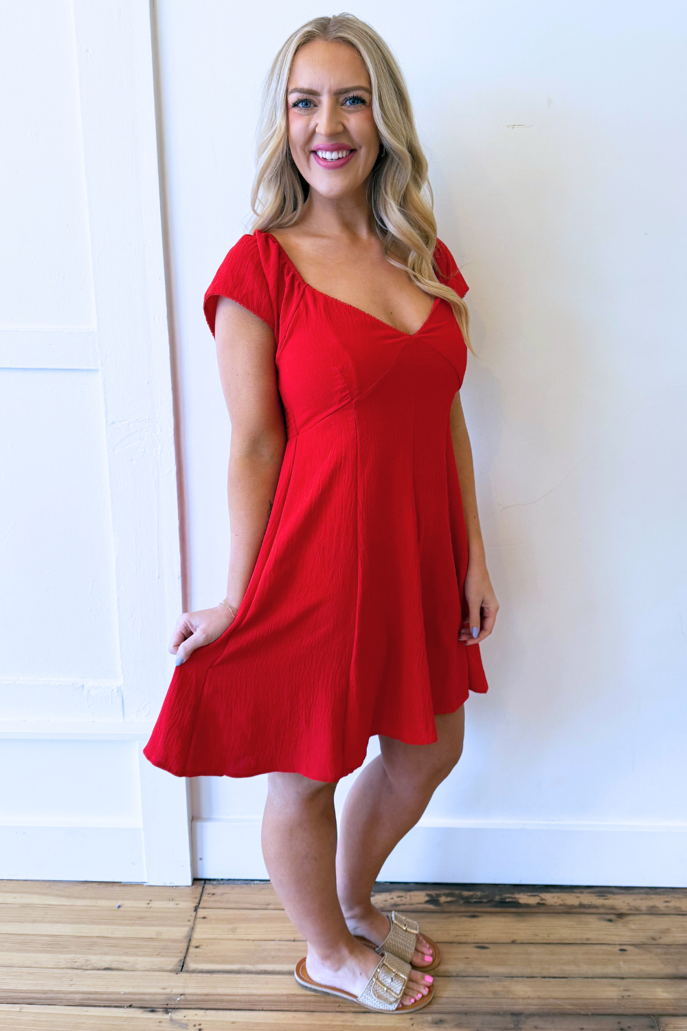flutter sleeve v neck dress Flutter Cap Sleeve V Neck Dress Large / Red