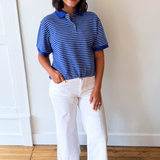 Striped Polo Sweatshirt Top w/ Drawstring Hem