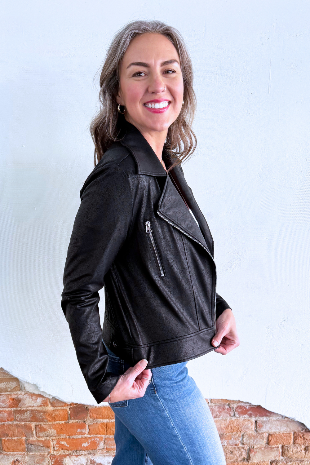 Liquid Leather Zip Cuff Moto Waist Jacket