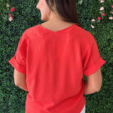 Rolled Short Sleeve V Neck Top
