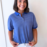 Striped Polo Sweatshirt Top w/ Drawstring Hem