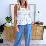 Sleeveless Smocked Woven Top w/ Embroidered