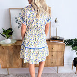 Drop Shoulder Cuff Sleeve Collared Floral Print Woven Mini Dress w/ Elastic Waistband