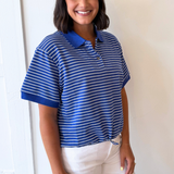 Striped Polo Sweatshirt Top w/ Drawstring Hem