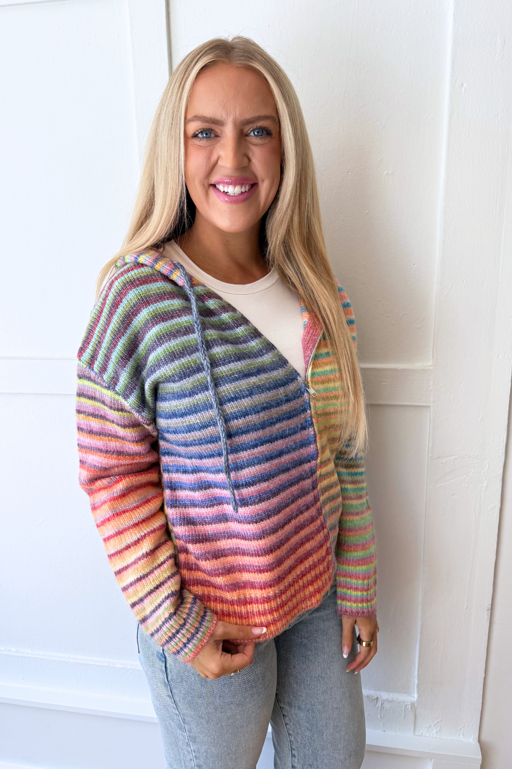 Multi Stripe Zip Sweater Hoodie