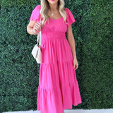 V Neck Raglan Flutter Sleeve Solid Tiered Maxi Dress