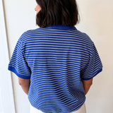 Striped Polo Sweatshirt Top w/ Drawstring Hem