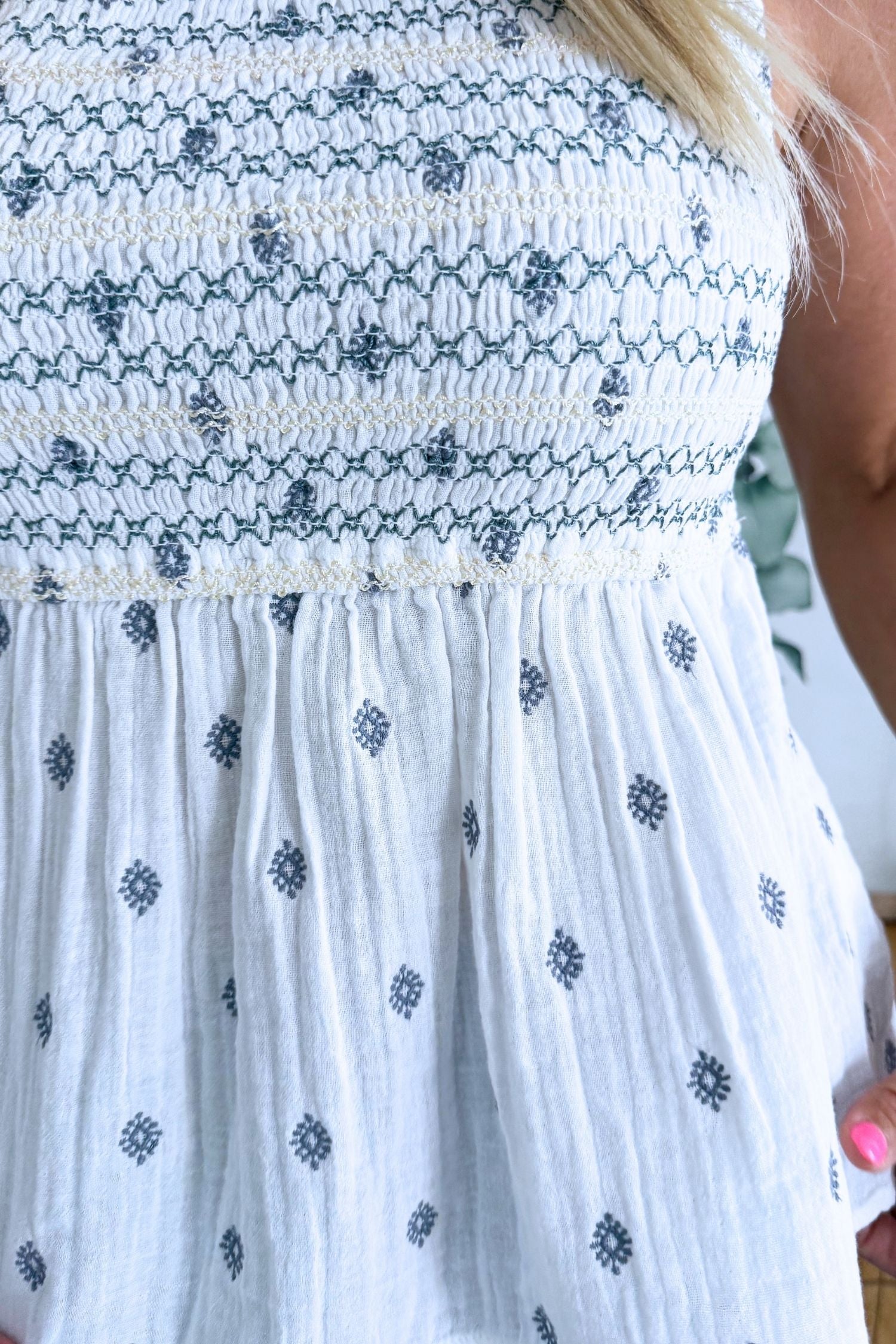 Sleeveless Smocked Woven Top w/ Embroidered