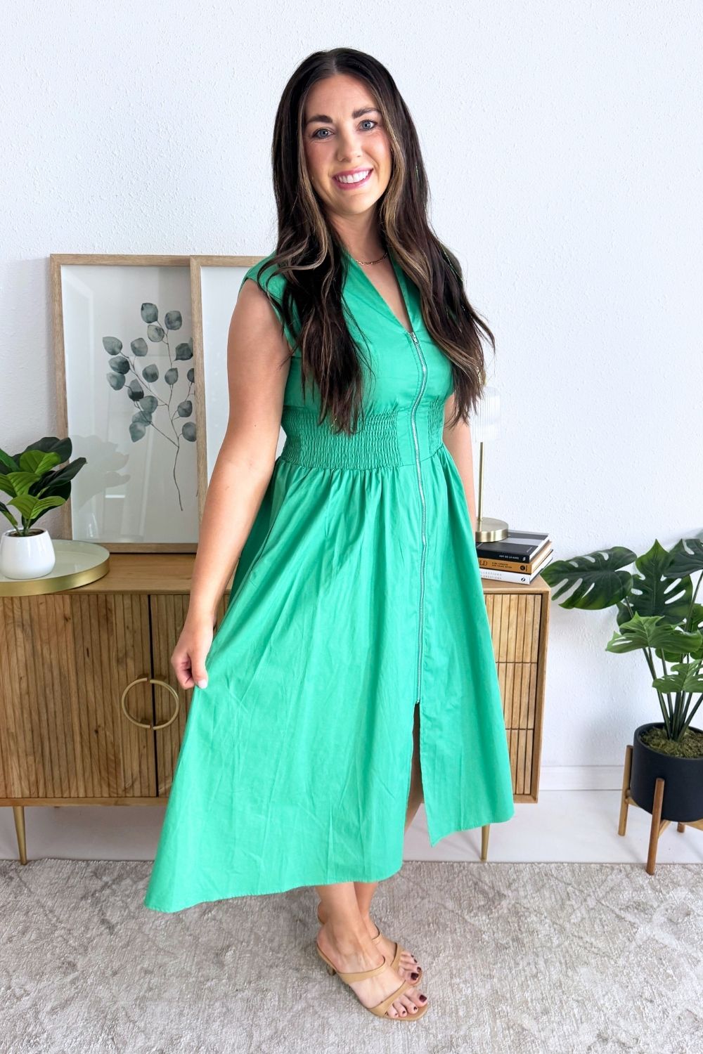 Drop Shoulder Smocked Waist Midi Dress w/ Front Zipper and Pockets