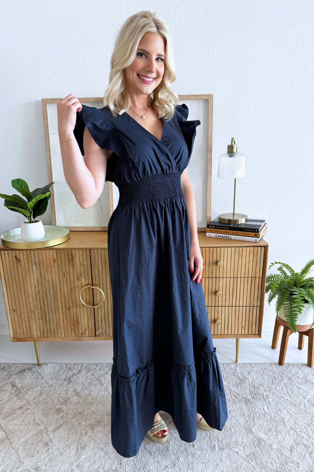 Ruffle Sleeve V-Neck Midi Dress