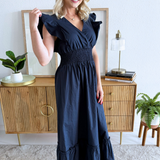Ruffle Sleeve V-Neck Midi Dress