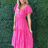 V Neck Raglan Flutter Sleeve Solid Tiered Maxi Dress