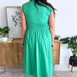 Drop Shoulder Smocked Waist Midi Dress w/ Front Zipper and Pockets