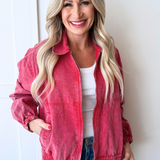 Front Zip Up Spread Collar Washed Jacket