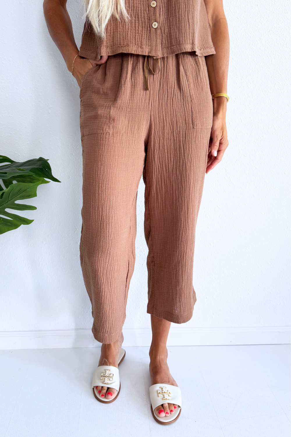 Cotton Gauze Cropped Pants with Drawstring