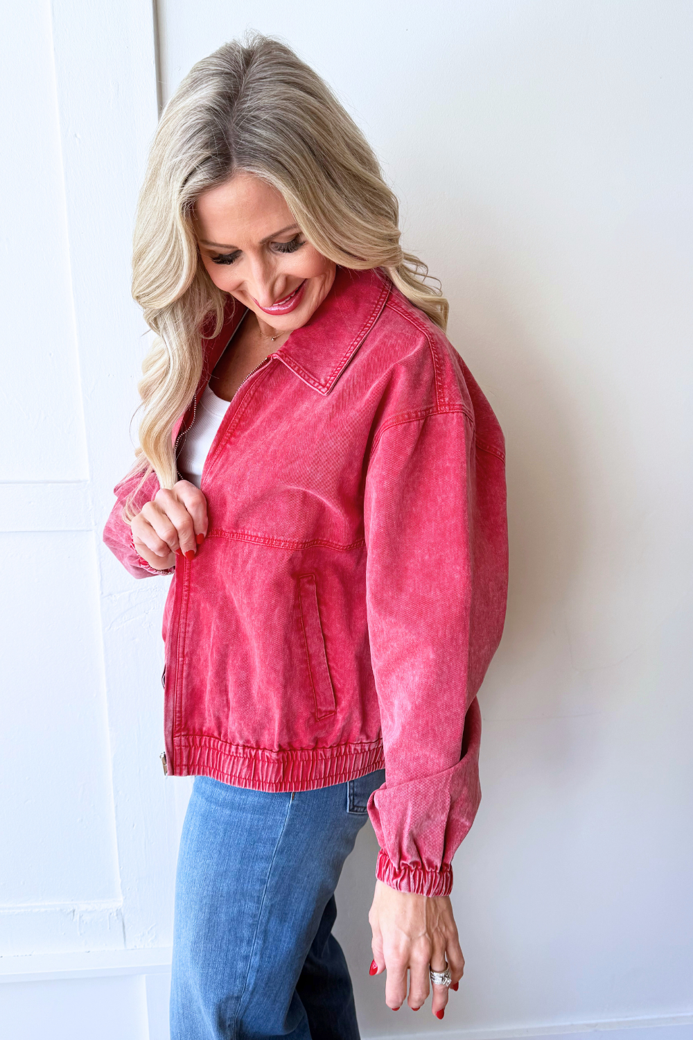 Front Zip Up Spread Collar Washed Jacket