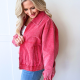 Front Zip Up Spread Collar Washed Jacket