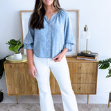 3/4 Sleeve Button Front Shirred Woven Top