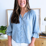3/4 Sleeve Button Front Shirred Woven Top