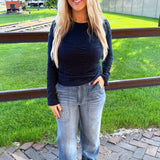 Long Flare Sleeve Crewneck Knit Top