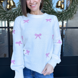 Bow Embroidery Crew Neck Long Sleeve Pullover Sweater