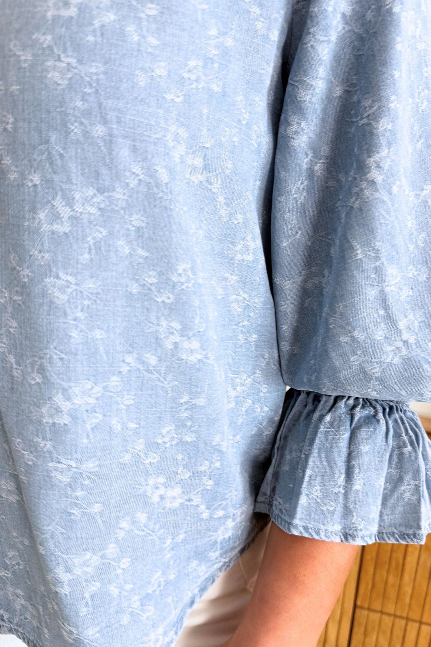 3/4 Sleeve Button Front Shirred Woven Top